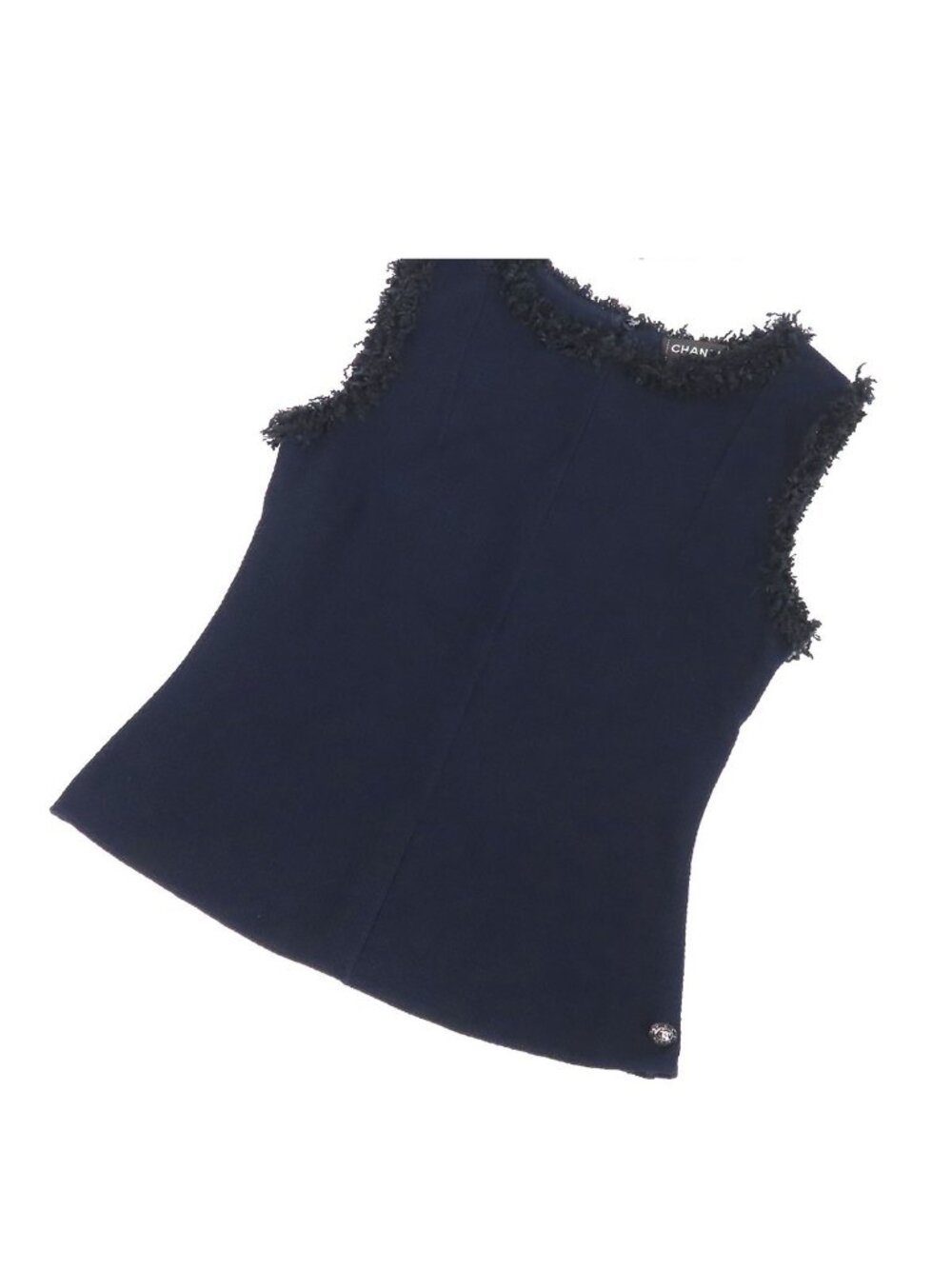 Chanel Tweed Vest Navy Cotton Spandex Fringe Coco Buttons Top 36